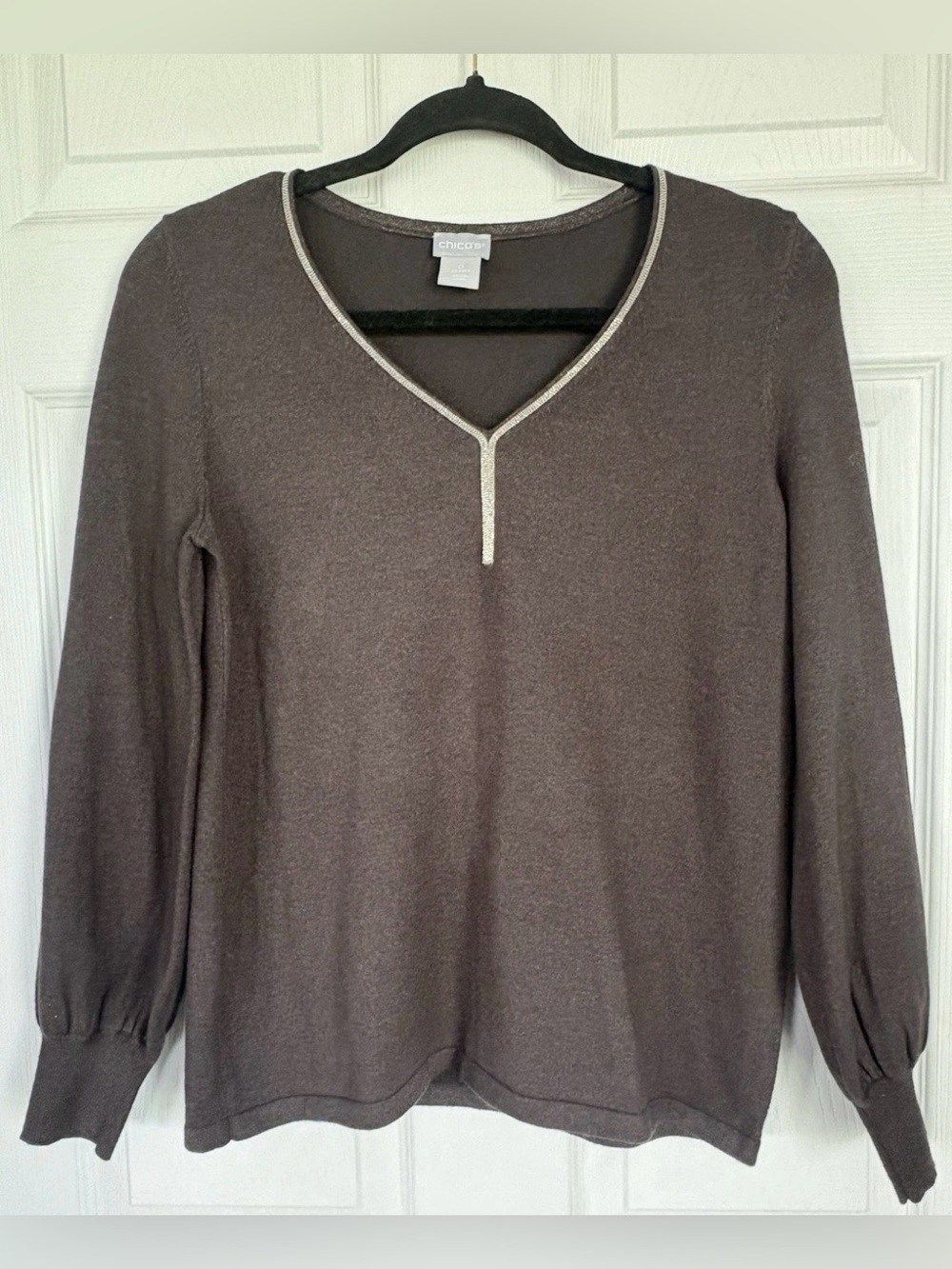 Chico's V-Neck Long Sleeve Knit Top in Charcoal Size 0